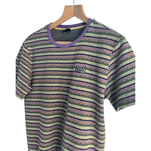 HUF Brand Men's Sz M Allen Knit Top Short Sleeve T-Shirt Green & Purple Striped - Picture 4 of 10